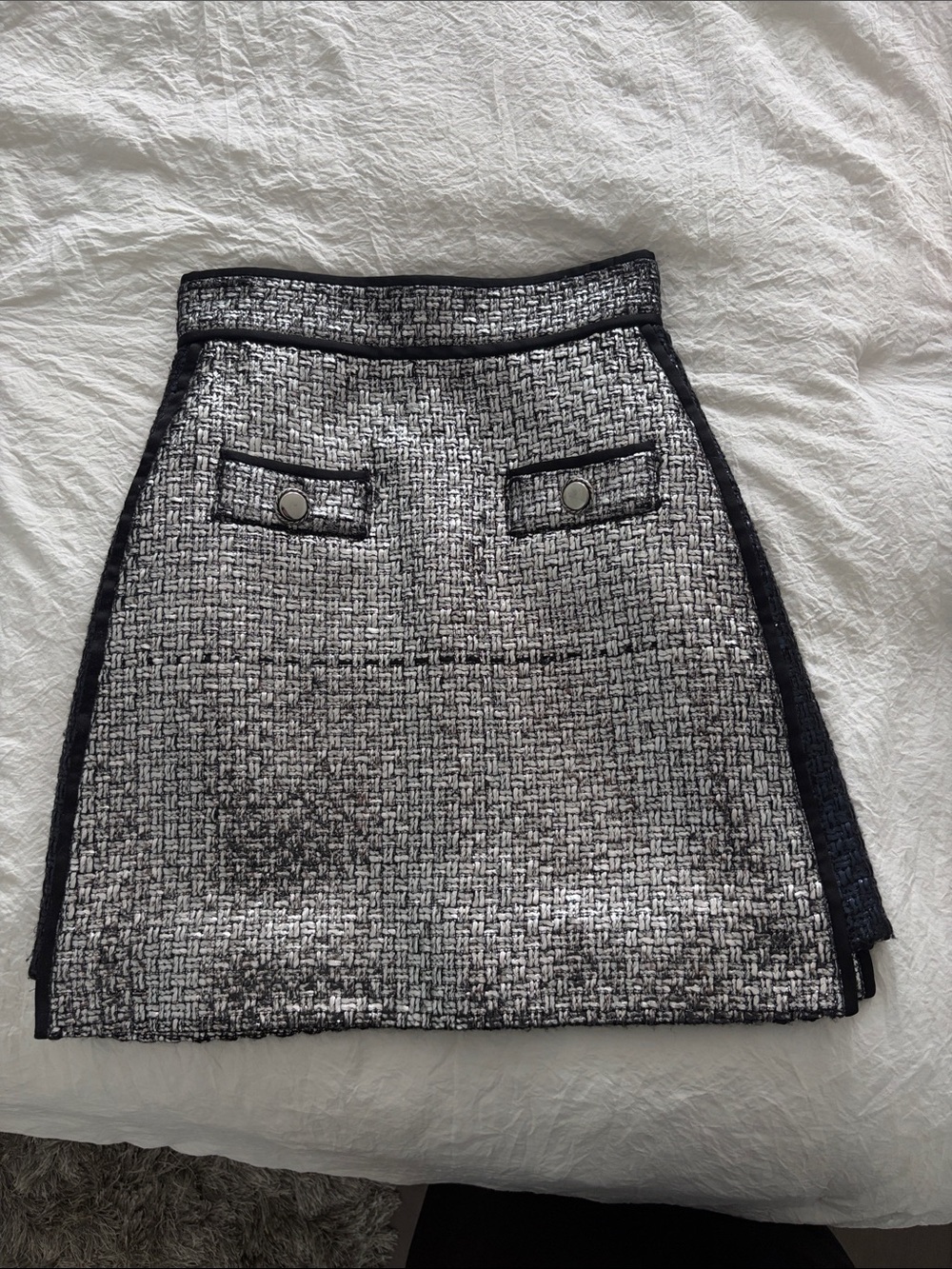 MSGM Black and White Tweed A-Line Mini Skirt with Buttoned Flap Pockets
